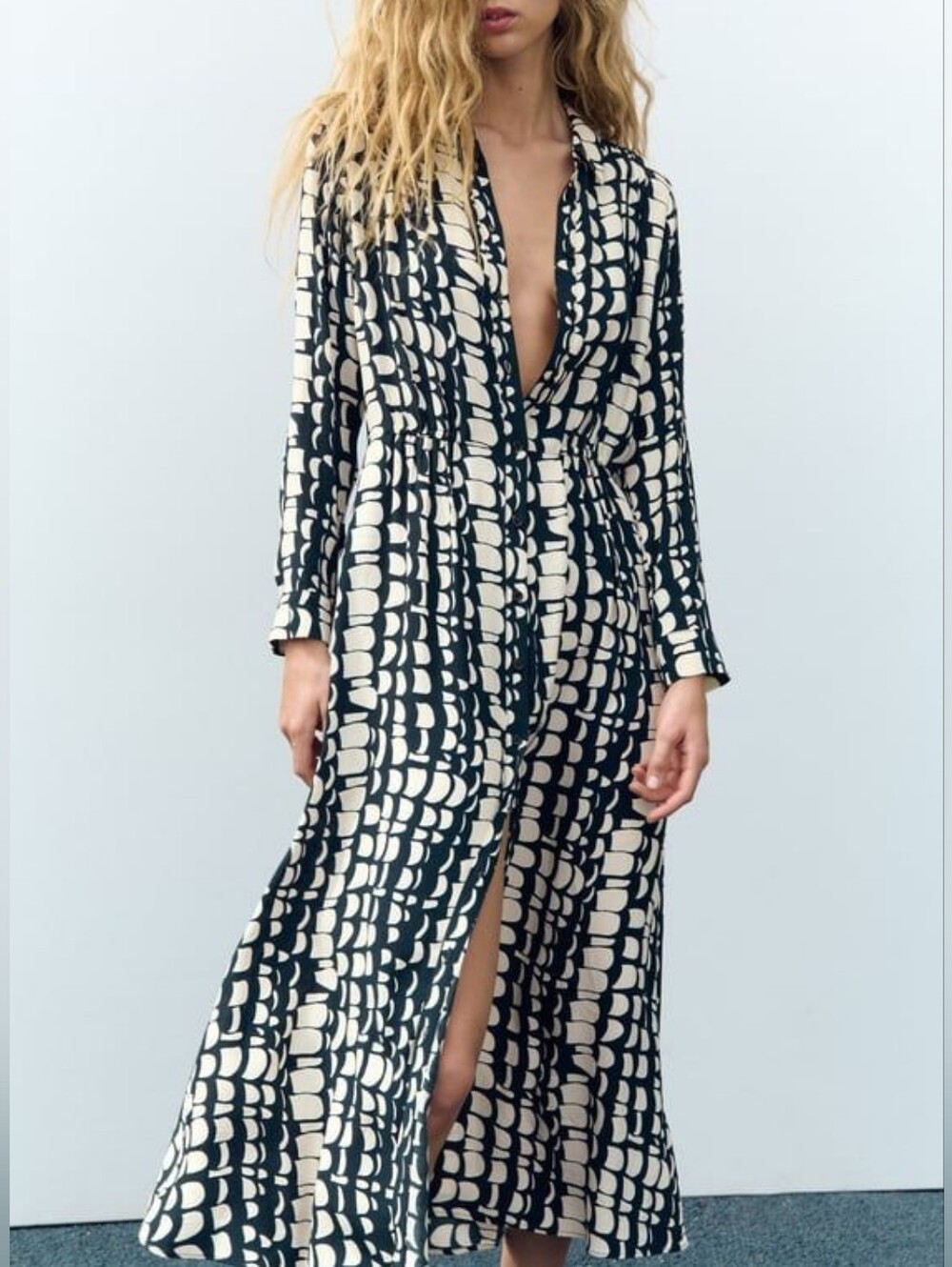 Zara Mindy Geometric Print Button Front Maxi Dress Size M DarkBlue White Viscose